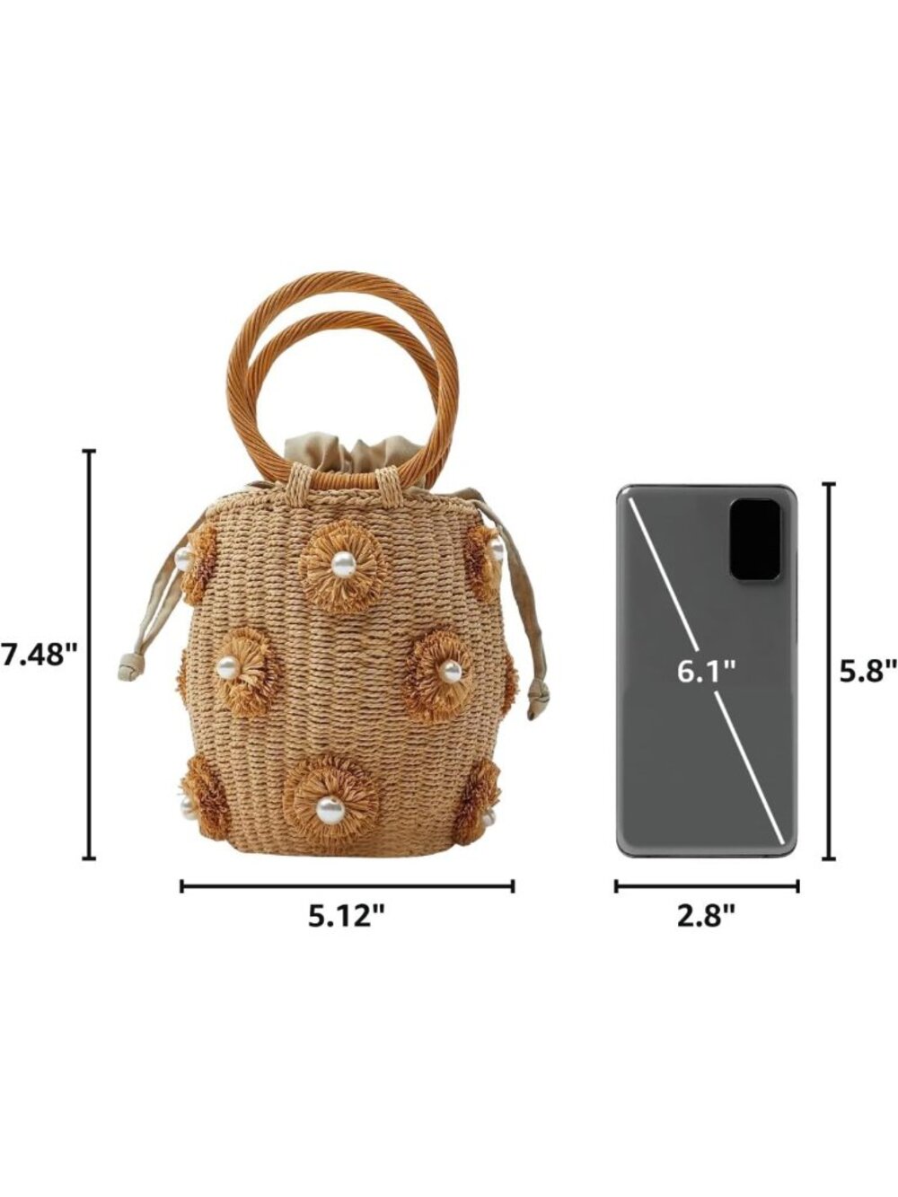 Chic Flower Pearls Rattan Tote Bag | Summer Beach Drawstring Straw Bucket Bag - Picture 3 of 10